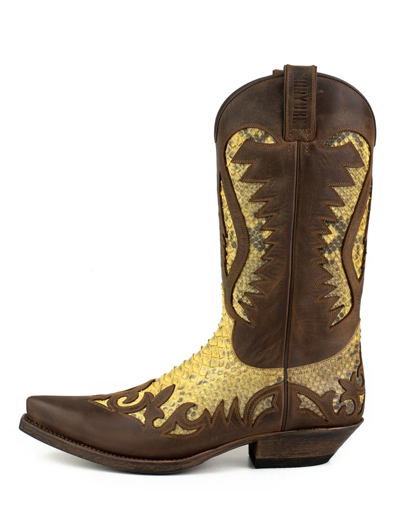 Herren Country Western Cowboystiefel 2567 Exotisches braunes und gelbes Leder