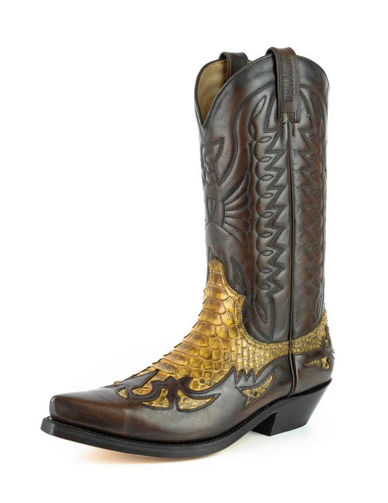 Country- und Western-Cowboystiefel für Herren und Damen von 1935 aus exotischem braunem und gelbem Leder