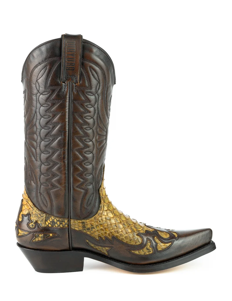 Country- und Western-Cowboystiefel für Herren und Damen von 1935 aus exotischem braunem und gelbem Leder