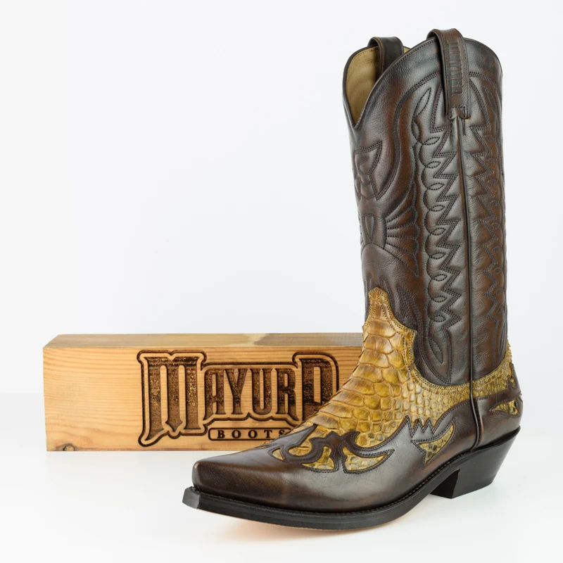 Country- und Western-Cowboystiefel für Herren und Damen von 1935 aus exotischem braunem und gelbem Leder