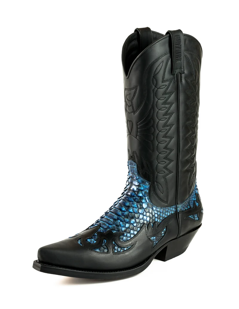 Country- und Western-Cowboystiefel 1935 C für Herren und Damen aus schwarzem und exotischem blauem Leder