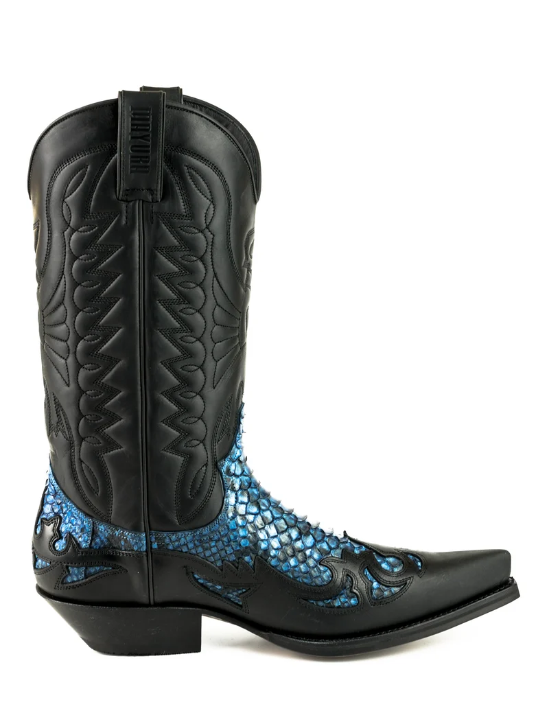 Country- und Western-Cowboystiefel 1935 C für Herren und Damen aus schwarzem und exotischem blauem Leder