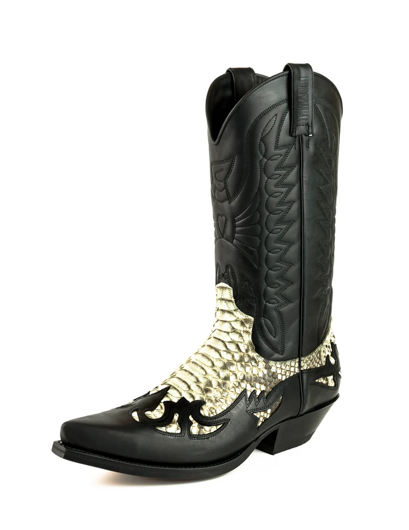Country- und Western-Cowboystiefel 1935 C für Herren und Damen aus exotischem schwarzem und weißem Leder