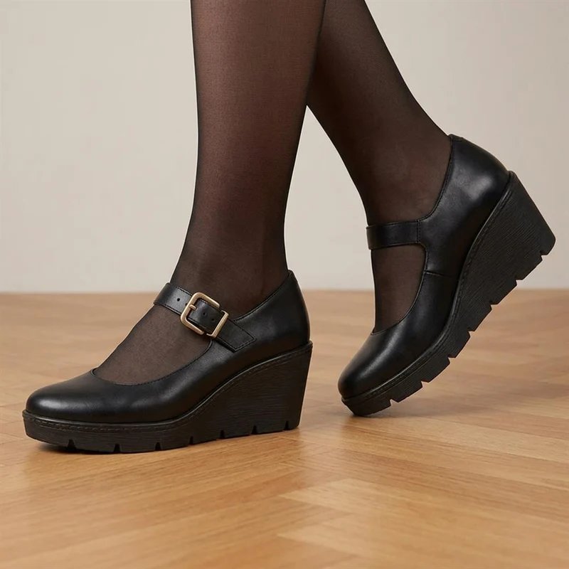 Xavia Leather Wedge Heeled Mary Janes - XAVIA / 329 838 - Black