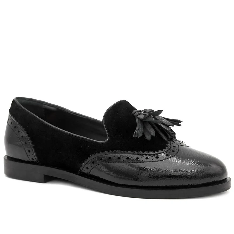 Siri Leather Brogue Detailed Tassel Loafers - SIRI / 329 917 - Black