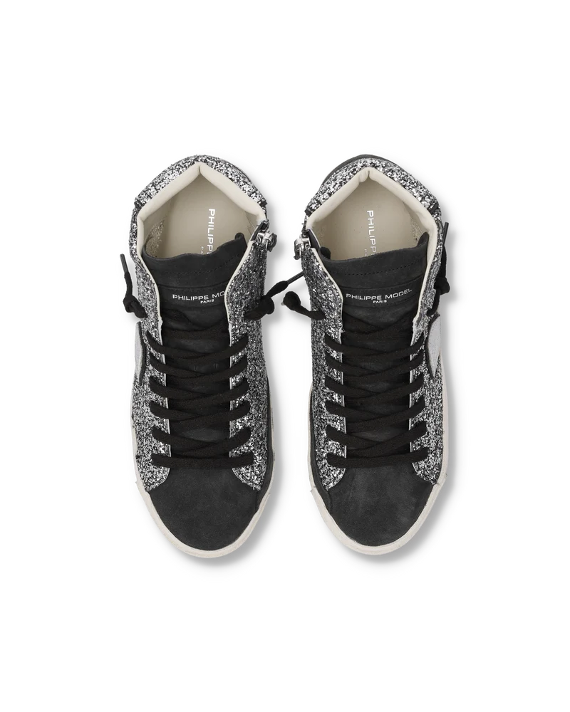 Sneakers Prsx High Women with Glitter Upper, Black Silver