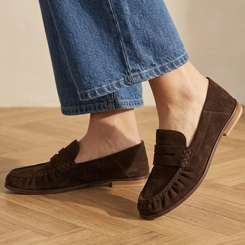 Petunia Leather Flared Heel Penny Loafers - PETUNIA / 328 898 - Choco Suede