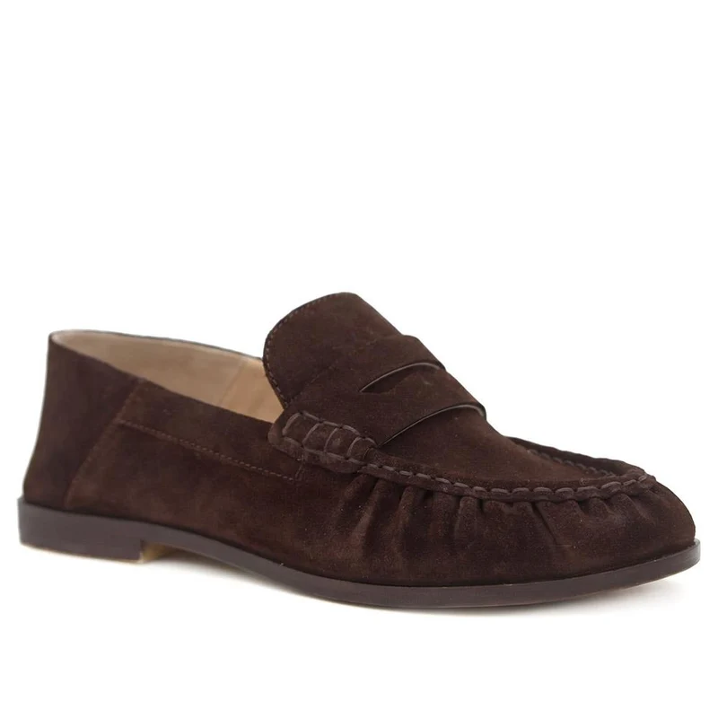 Petunia Leather Flared Heel Penny Loafers - PETUNIA / 328 898 - Choco Suede