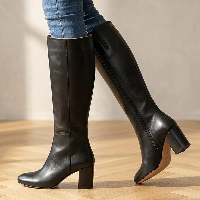 Neptune Long Large Calf Fit Long Leather Boots - NEPTUNELONGL / 326 217 - Black