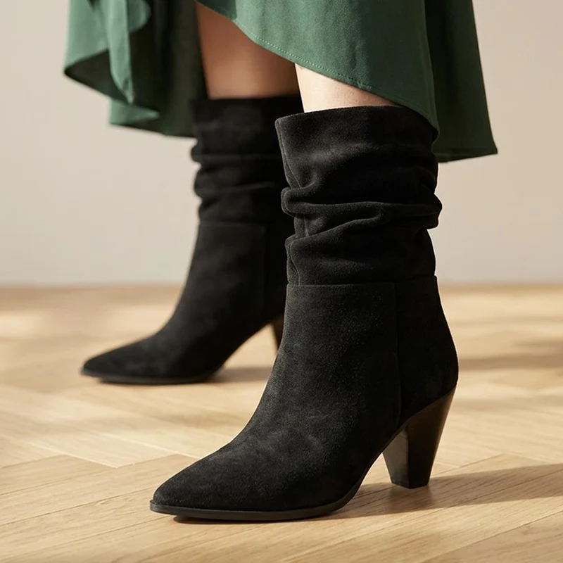Khalessi Heeled Leather Slouch Boots - KHALESSI / 329 791 - Black Suede