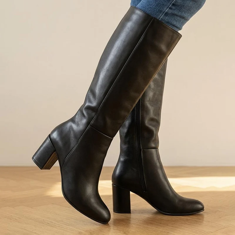 Eirith Block Heel Smart Leather Long Boots - EIRITH / 329 780 - Black Leather