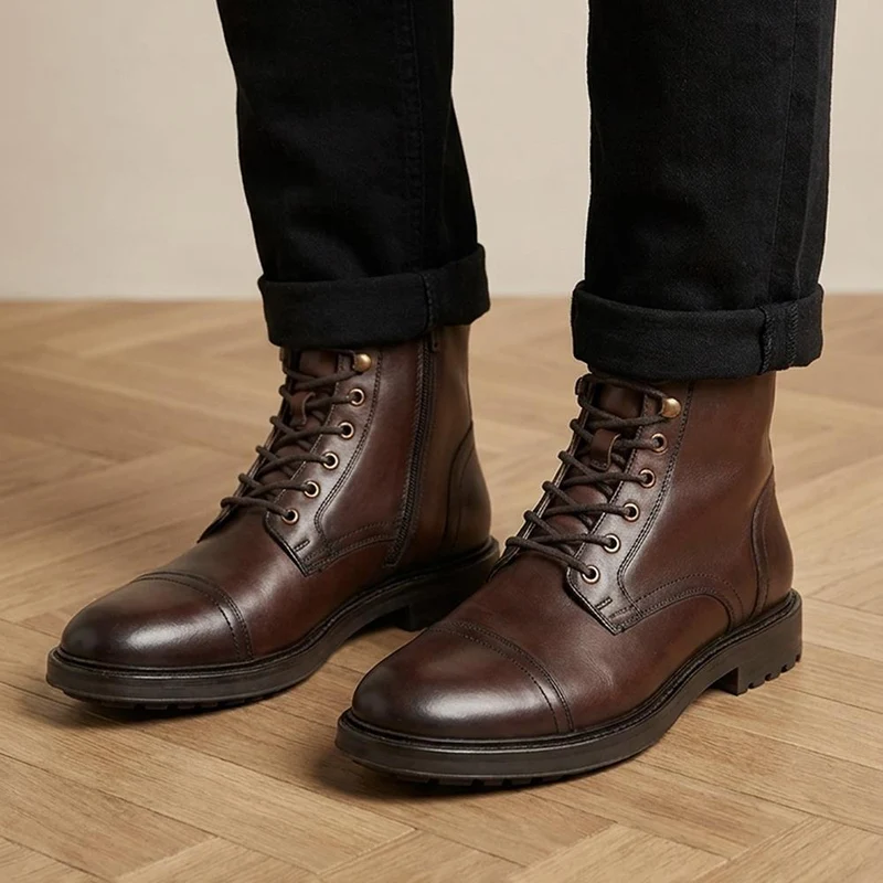 Davide Leather Wide-Fit Military Boots - DAVIDE / 328 077 - Dark Brown Leather