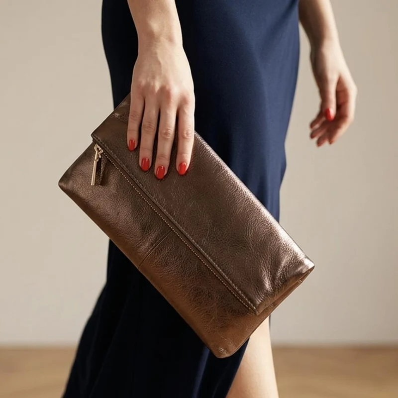Wylie Fold-Over Clutch Bag - WYLIE / 323 893 - Chocolate Metallic