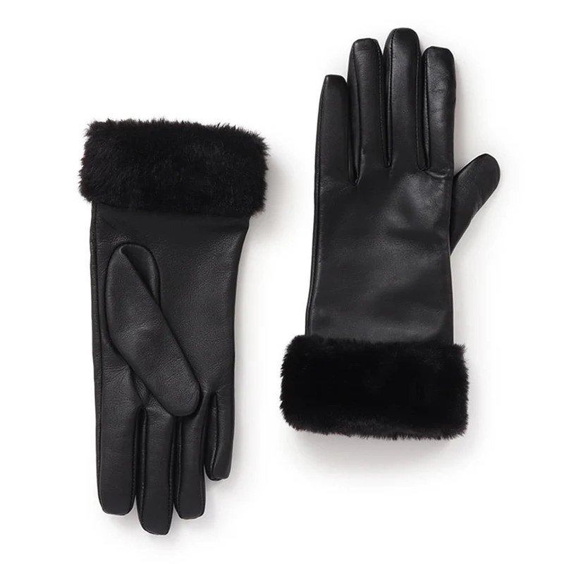 Faux Fur Cuffed Leather Gloves - VENITA / 324 771 - Black