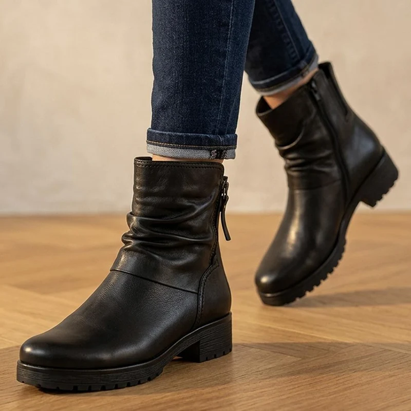 Gabor Wide Fit Leather Flat Heel Ankle Boots - GAB44508 / 330 015 - Black Leather
