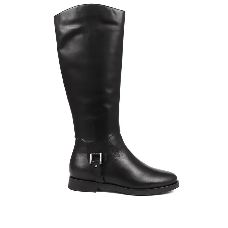 Buckle Detail Leather Riding Boots - KATI / 324 324 - Black