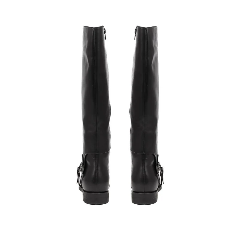 Buckle Detail Leather Riding Boots - KATI / 324 324 - Black