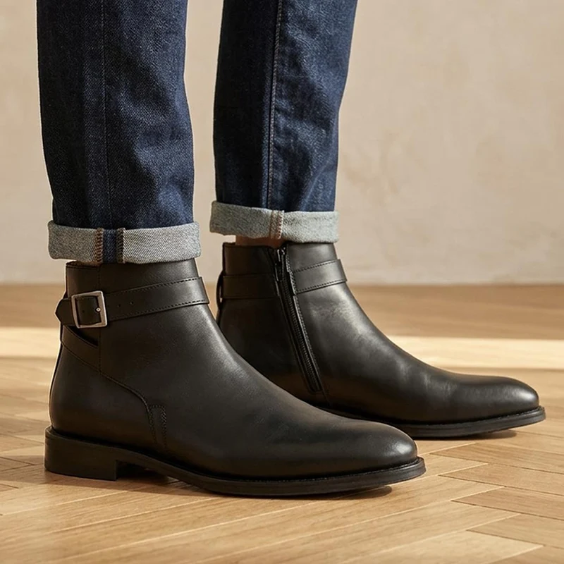 Castellino Smart Leather Ankle Boots w/ Buckle - CASTELLINO / 330 294 - Black
