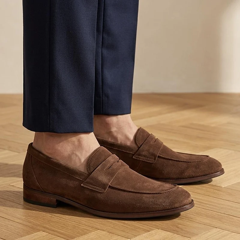 Russell Wide Fit Leather Penny Loafers - RUSSELLWIDE / 329 981 - Dark Brown Suede