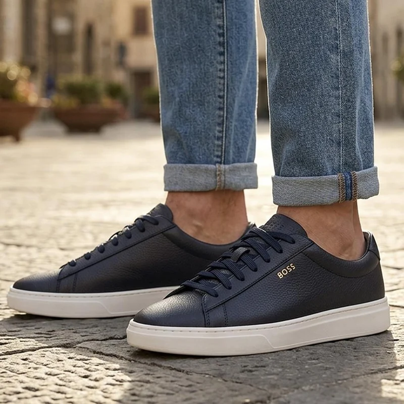 Boss Leather Lace Up Trainers - HUGO42501 / 327 809 - Navy-Navy