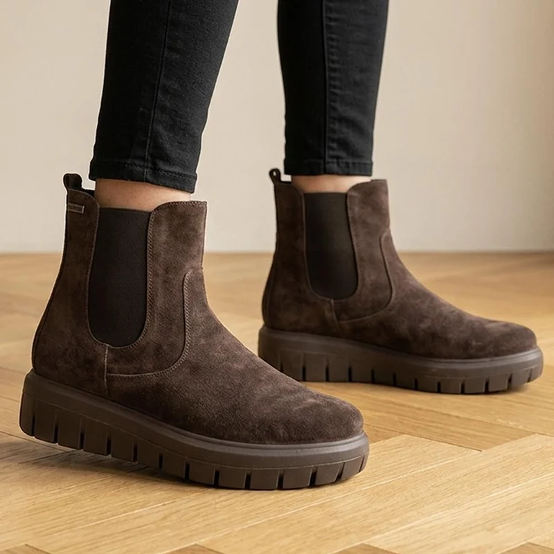 Marbella Leather Platform Heel Ankle Boots - MARBELLA / 330 144 - Choco Suede