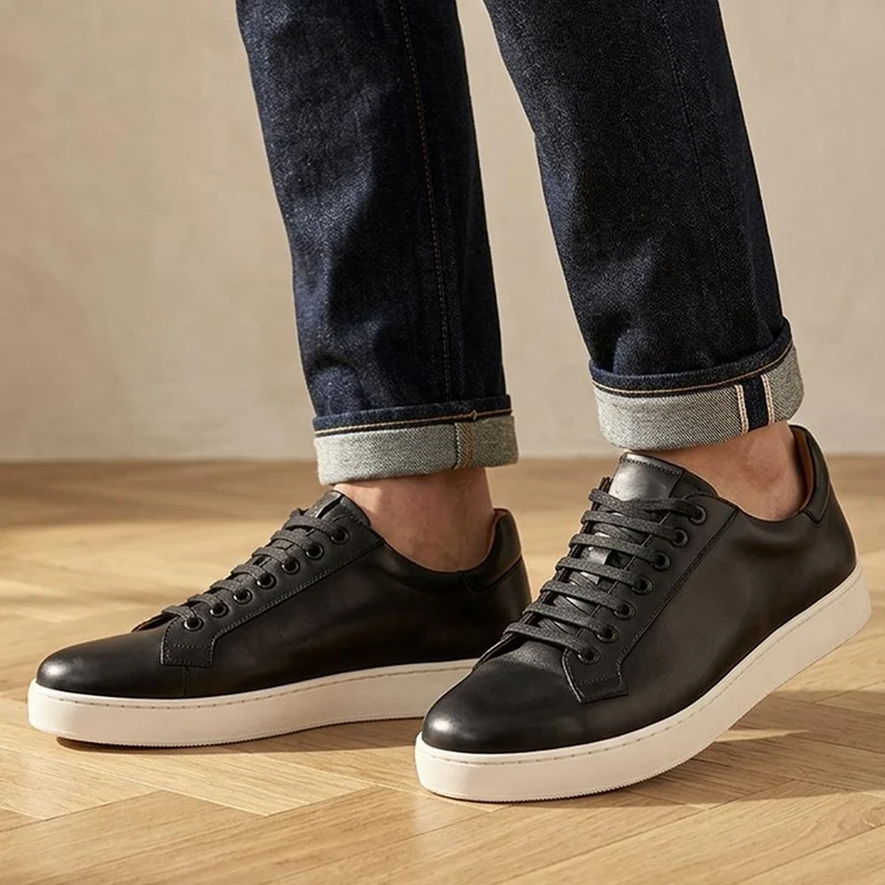 Simon Wide Fit Leather Lace Up Trainers - SIMONWIDE / 330 119 - Black Leather