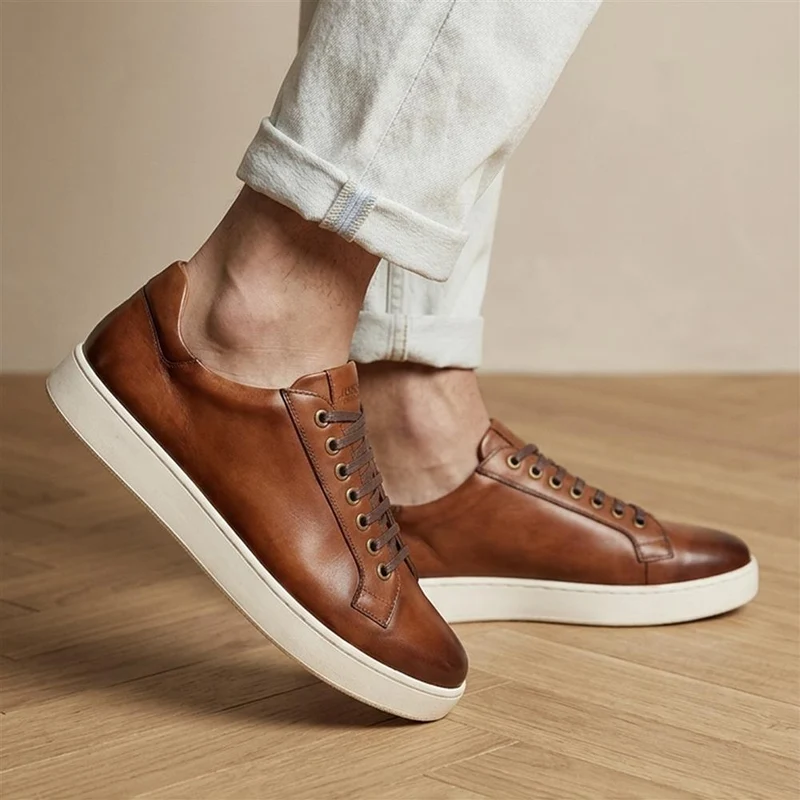 Simon Wide Fit Leather Lace Up Trainers - SIMONWIDE / 330 119 - Tan