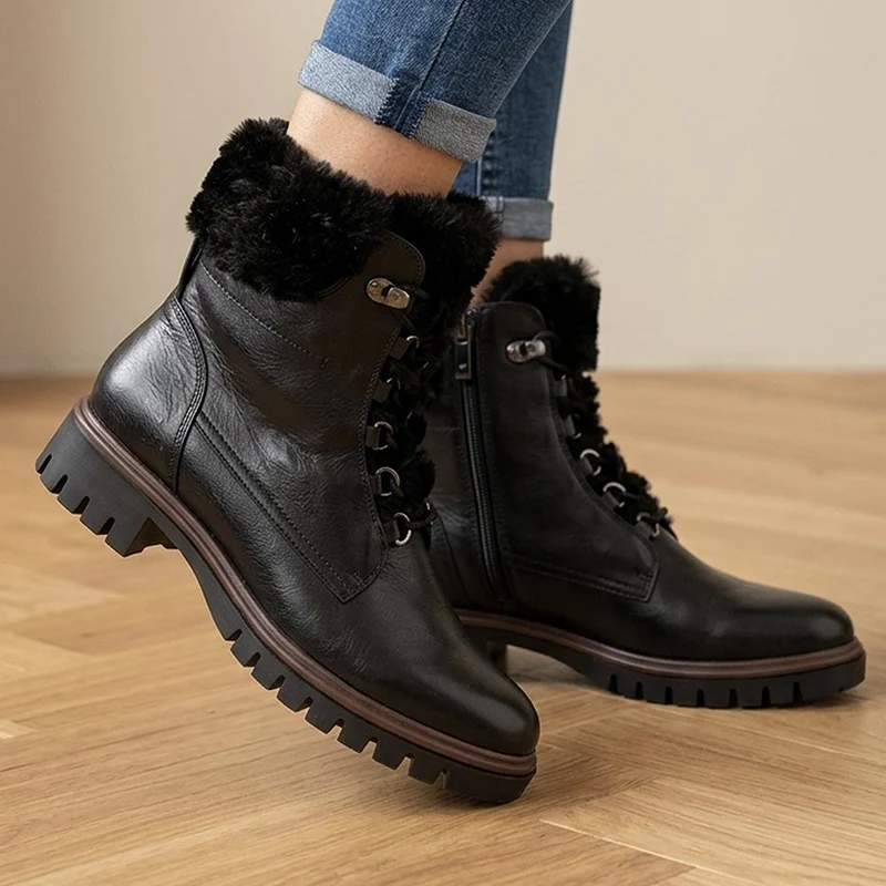 Kassindra Leather Cushioned Faux Fur Cuffed Boots - KASSINDRA / 330 147 - Black
