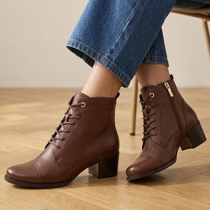 Malaika Leather Block Heeled Ankle Boots - MALAIKA / 330 148 - Brown Leather