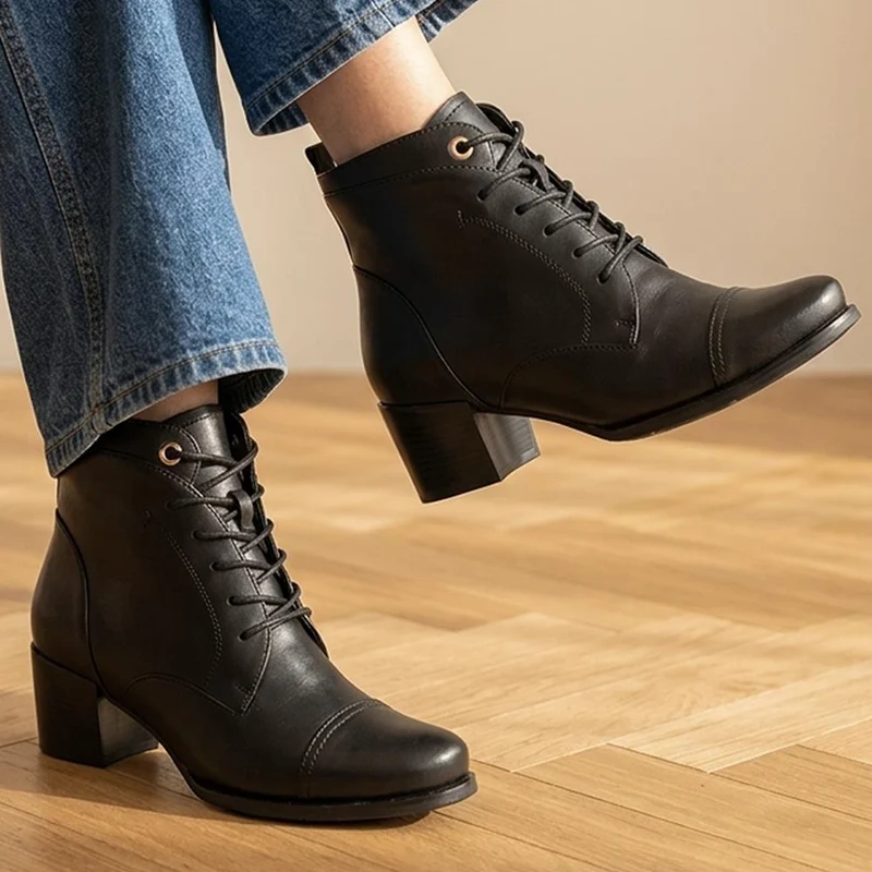 Malaika Leather Block Heeled Ankle Boots - MALAIKA / 330 148 - Black Leather