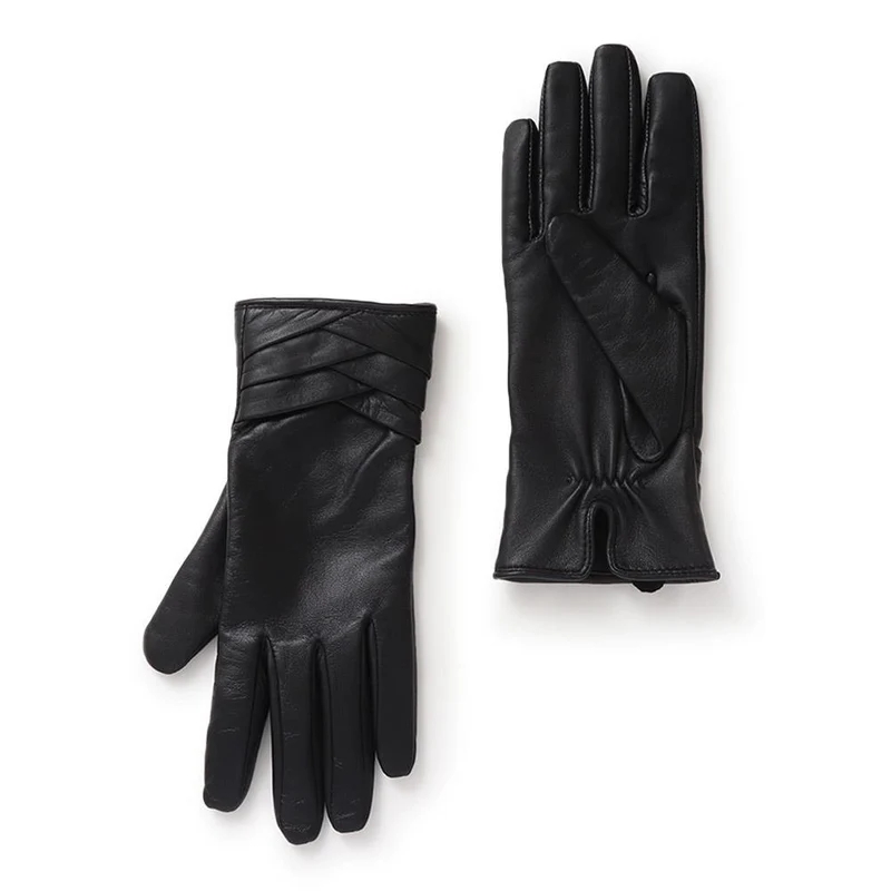 Woven Detail Leather Gloves - VIANCA / 324 772 - Black
