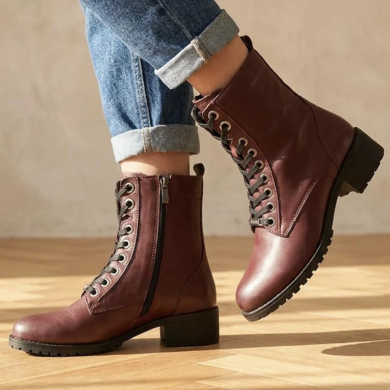 Maura Leather Block Heel Boots - MAURA / 328 026 - Burgundy
