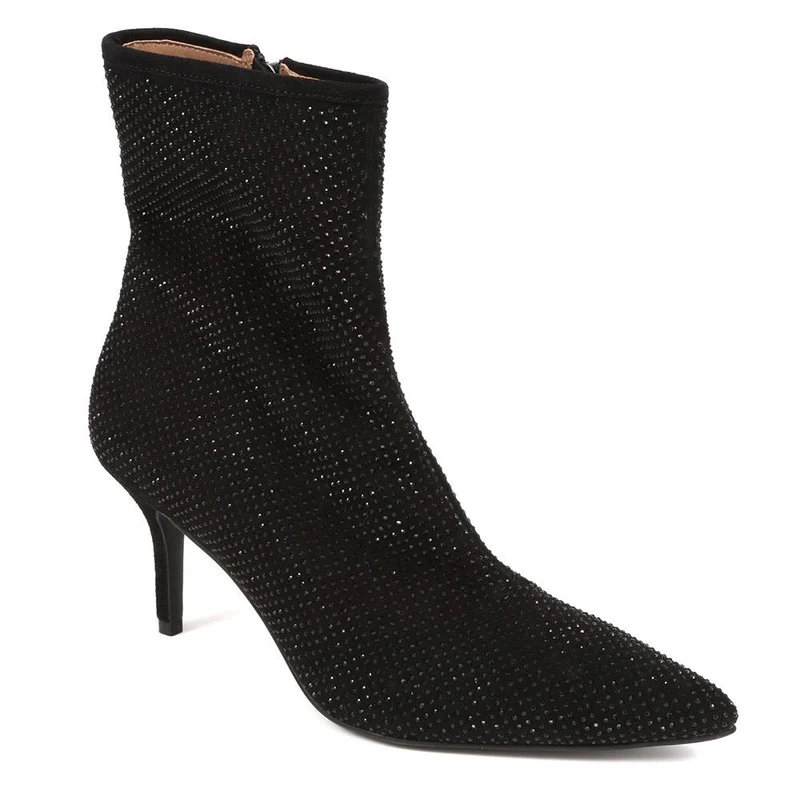 Jewelled Leather Heeled Boots - KHIARA / 324 334 - Black