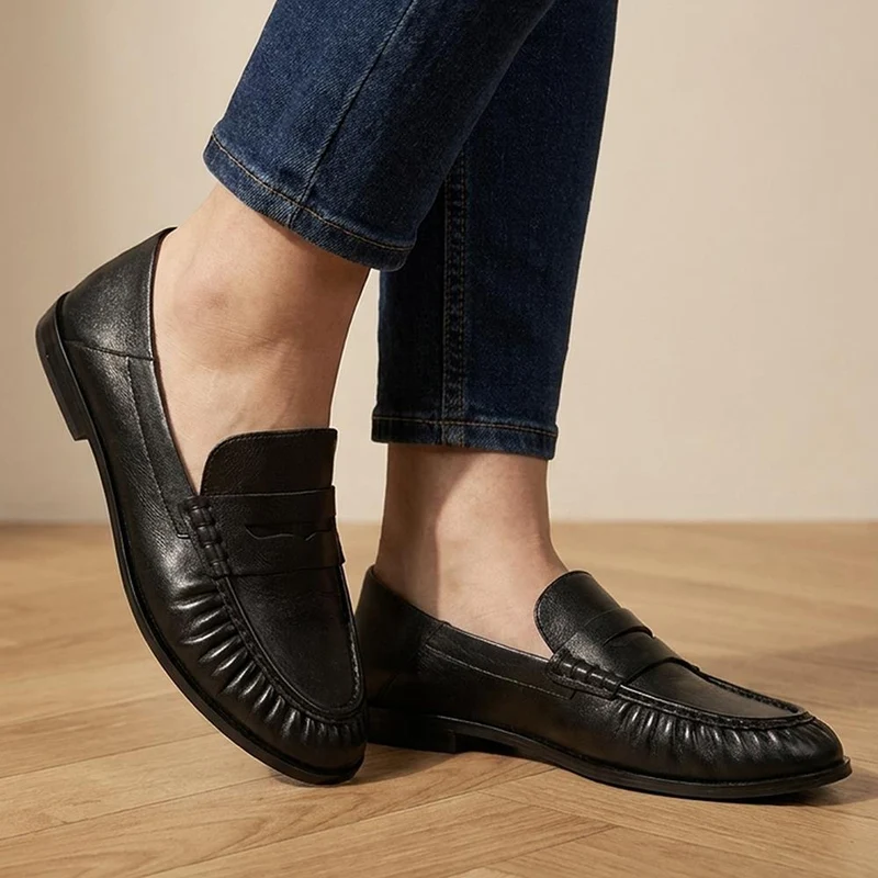Petunia Leather Flared Heel Penny Loafers - PETUNIA / 328 898 - Black Leather