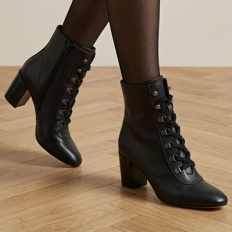 Liana Lace-Up Heeled Ankle Boots - LIANA / 319 203 - Black Leather