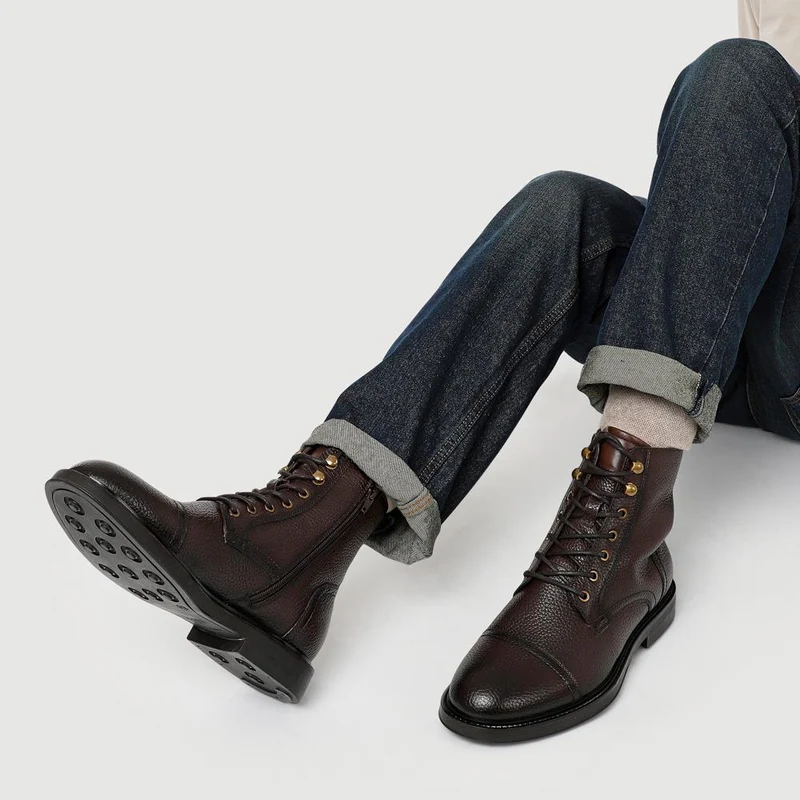 Davide Leather Wide-Fit Military Boots - DAVIDE / 328 077 - Brown Grain