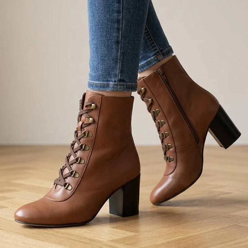 Liana Lace-Up Heeled Ankle Boots - LIANA / 319 203 - Tan Leather