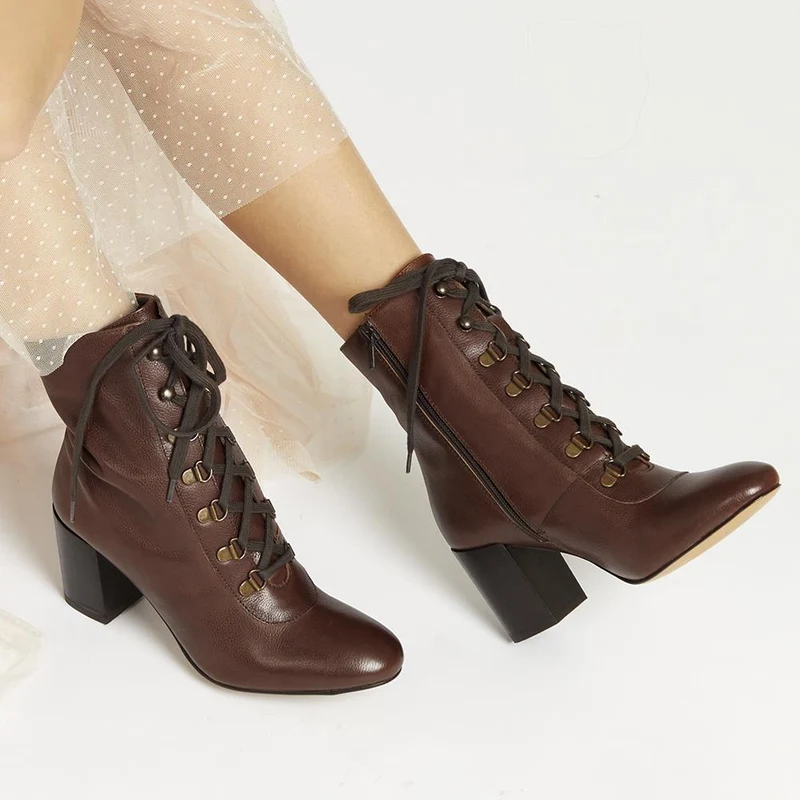 Liana Lace-Up Heeled Ankle Boots - LIANA / 319 203 - Tan Leather